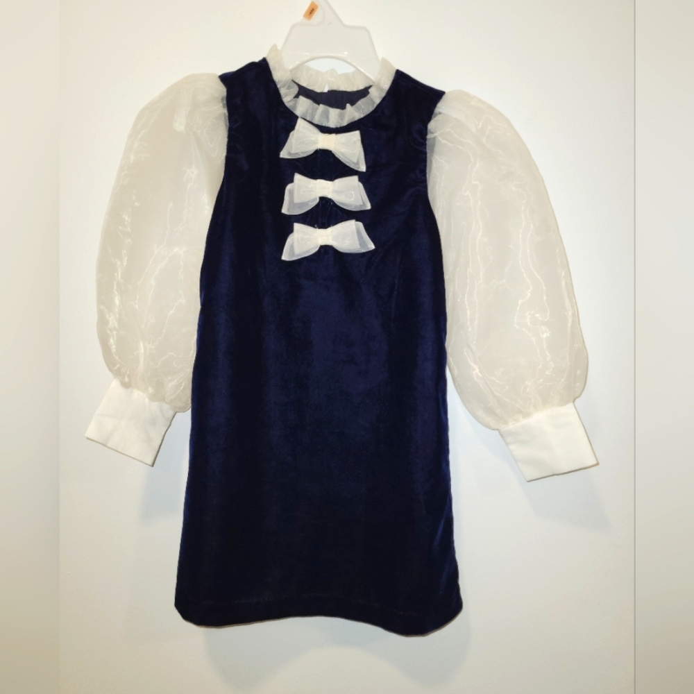 Janie and Jack Navy Velvet Dress with White Organza Puff Sleeves